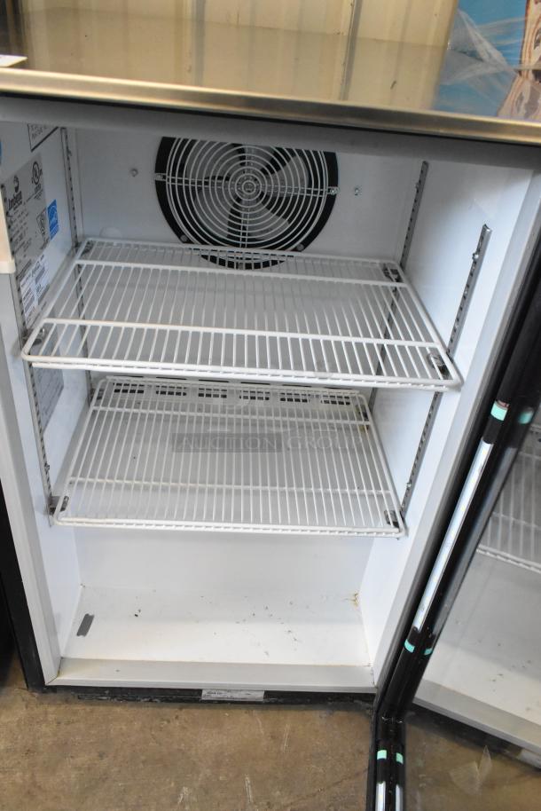 Imbera EVC04 commercial mini cooler merchandiser, 115 volts, 1 phase, with dual wire shelves and cooling fan.