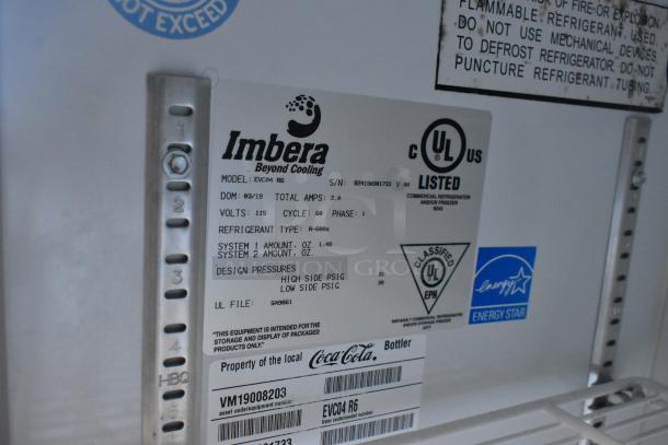 Imbera EVC04 Commercial Mini Cooler Merchandiser label. Shows volts: 115, phase: 1, refrigerant type: R-600a. Energy Star certified.