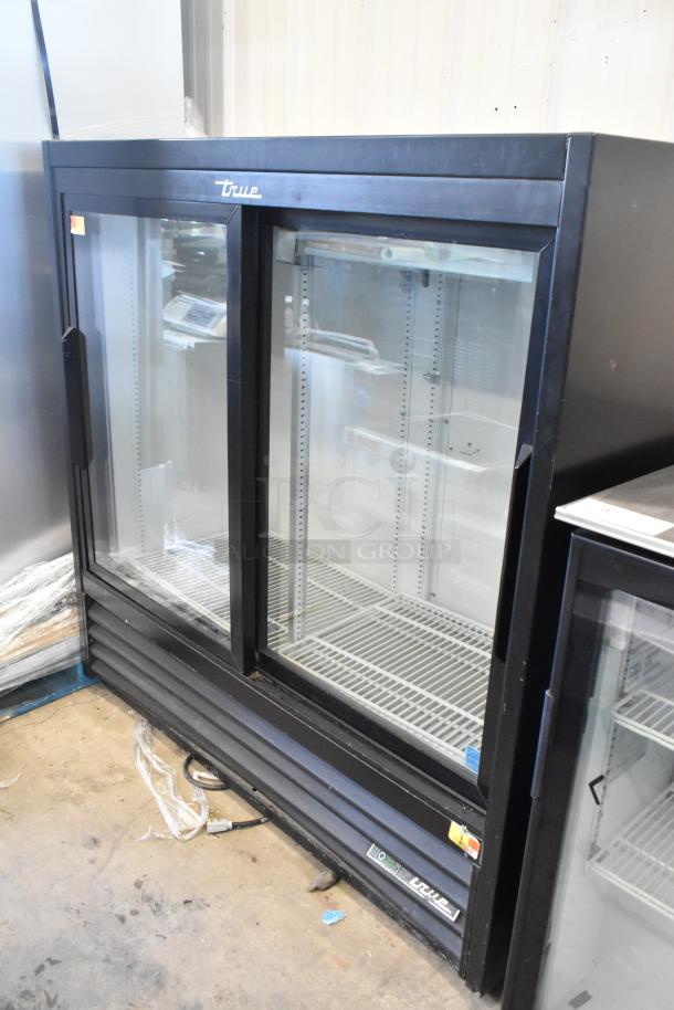2019 True GDM-41SL-48-HC-LD commercial 2-door reach-in cooler, 115V, black exterior, clean condition, sliding glass doors.