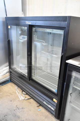 2019 True GDM-41SL-48-HC-LD commercial 2-door reach-in cooler, 115V, black exterior, clean condition, sliding glass doors.