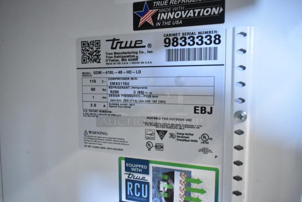 2019 True GDM-41SL-48-HC-LD commercial cooler label, 115V, 1 phase, model details, UL listed, refrigerant R290.