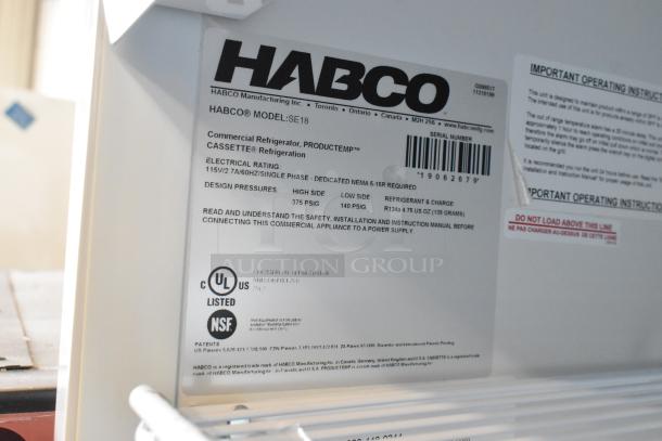 2019 Habco SE18 Commercial Single Door Reach In Cooler Merchandiser tag, shows model, electrical rating, and certifications: UL, NSF.
