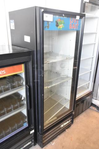 True GDM-12-HC-LD commercial single-door reach-in cooler, glass door, shelves, 115V, black exterior, "Live Bait" label.