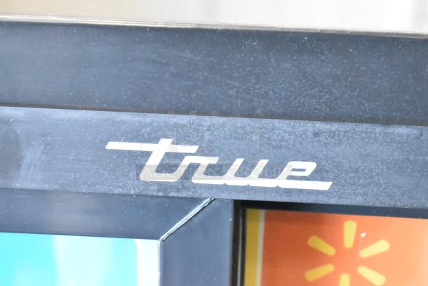 2019 True GDM-41SL-48-HC-LD cooler logo, commercial 2-door reach-in merchandiser in black finish.