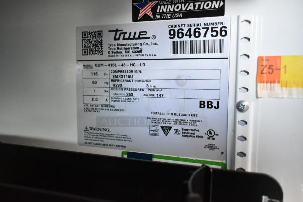 2019 True GDM-41SL-48-HC-LD cooler label showing model, 115V power, R290 refrigerant, and suitability for outdoor use.