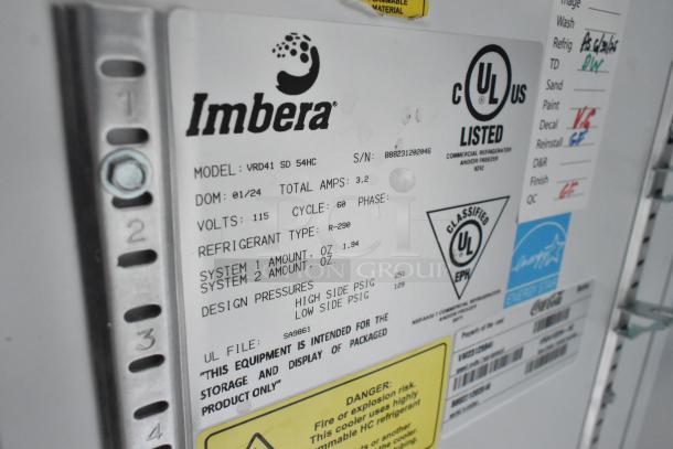 Imbera VRD41 cooler label showing model details, 115 volts, 1 phase, UL listed, refrigerant type R-290.