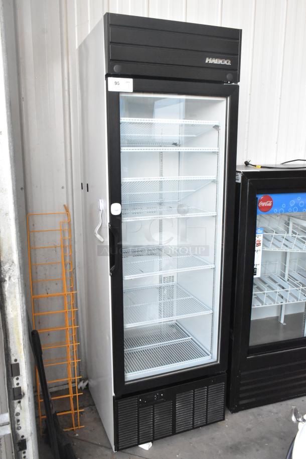 2019 Habco SE18 single door commercial cooler, black frame, glass front, six shelves, 115 volts, excellent condition.