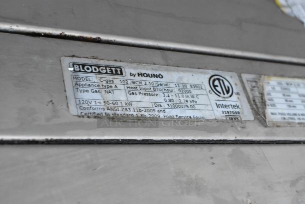 Blodgett BCM 2.10 commercial combi convection oven label showing model details, 92,000 BTU, and certification markings.