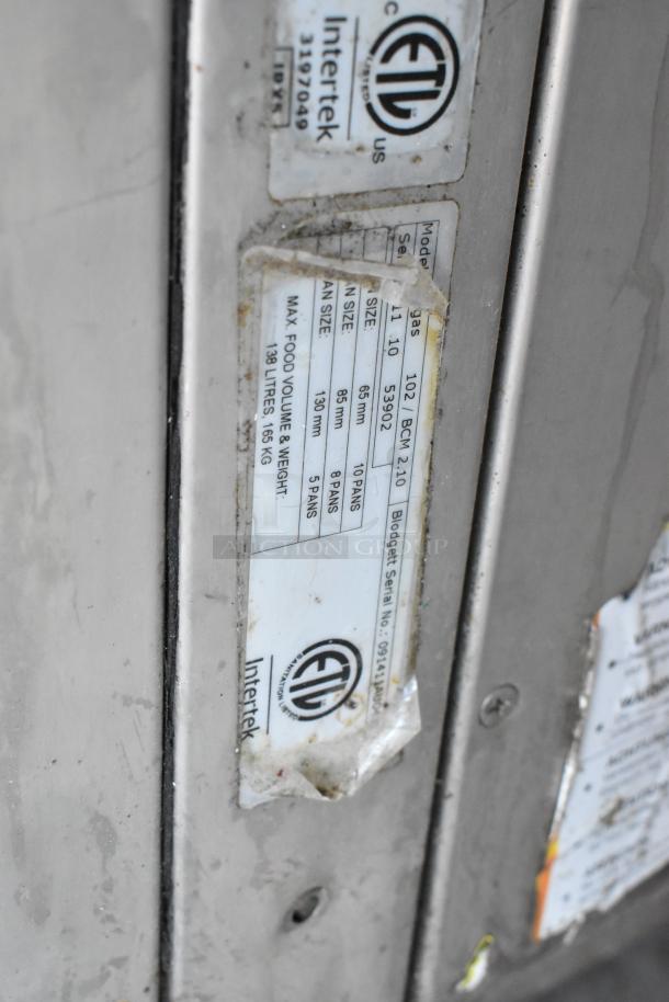 Blodgett BCM 2.10 Combi Convection Oven label showing model, serial number, 92,000 BTU, and capacity details.