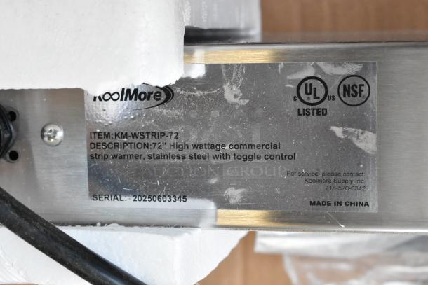 Brand new 2025 KoolMore KM-WSTRIP-72 strip warmer, 72" high wattage, stainless steel, toggle controls, 120V, UL and NSF listed.