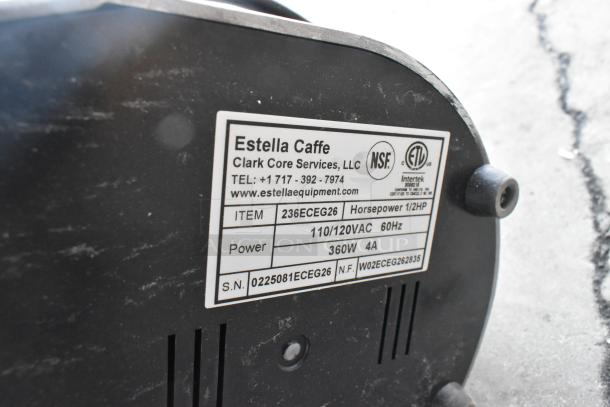 Estella 236ECEG26 commercial espresso machine label showing specifications: 110/120V, 360W, 1/2HP, 60Hz, NSF certified.