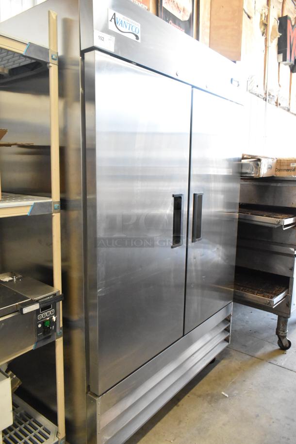 Avantco 178A49RHC 2-door reach-in cooler, stainless steel, on casters. 115 volts, 1 phase, commercial use, excellent condition.