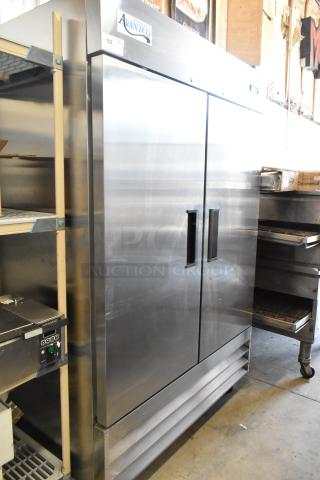 Avantco 178A49RHC 2-door reach-in cooler, stainless steel, on casters. 115 volts, 1 phase, commercial use, excellent condition.