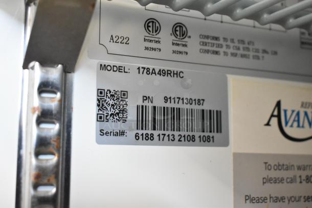 Avantco 178A49RHC commercial cooler label with model, serial number, and certification marks.