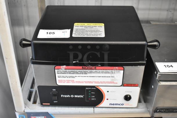 2023 Nemco 6625B Commercial Steamer, countertop model, 1 pan capacity, 120V, 1 phase, with operational labels, well-maintained.