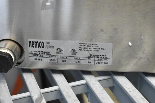 2023 Nemco 6625B Fresh-O-Matic Steamer label, 1500W, 120V, 12.5A. Made in USA, ETL listed, Model 6625B.