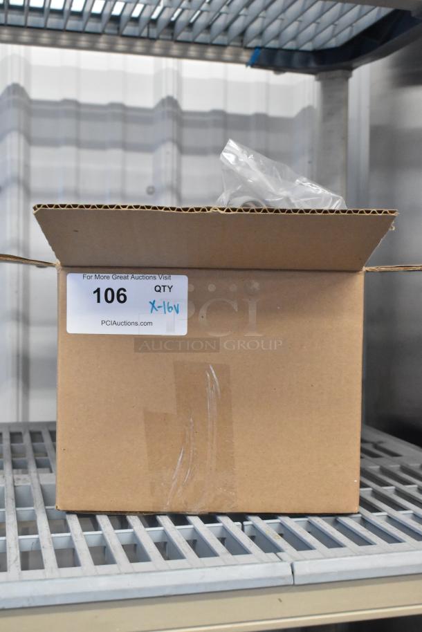 Cardboard box labeled "106 QTY X-16V" on a shelf, containing 16 items including Humidair11 and Airfit accessories.