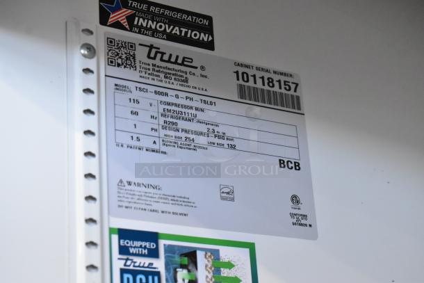 2021 True TSCI-600R-G-PH cooler label, 115V, 1 phase, R290 refrigerant, serial 10118157. Ideal for commercial use.