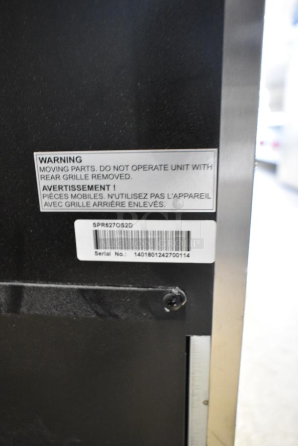 Summit SPR627OS2D 2 Drawer Undercounter Cooler label showing model, serial number, and safety warning for grille removal.