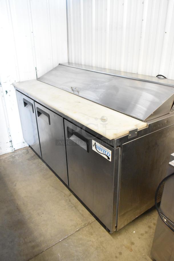 Avantco 178APT71HC sandwich prep table with bain marie mega top, commercial casters, 115V, 1 phase, stainless steel.