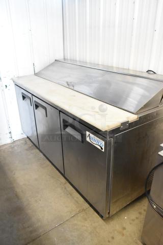 Avantco 178APT71HC sandwich prep table with bain marie mega top, commercial casters, 115V, 1 phase, stainless steel.