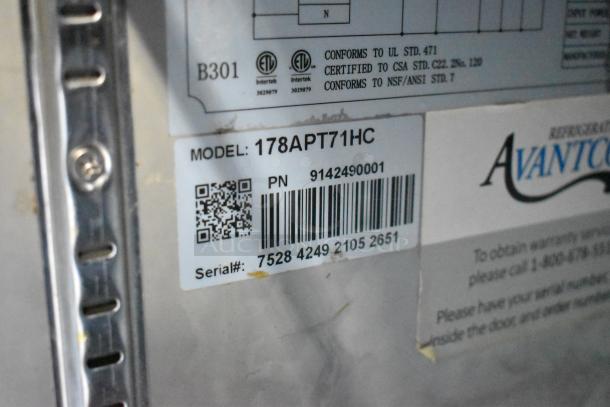 Avantco 178APT71HC sandwich salad prep table label showing model, part number, serial number, and certifications.