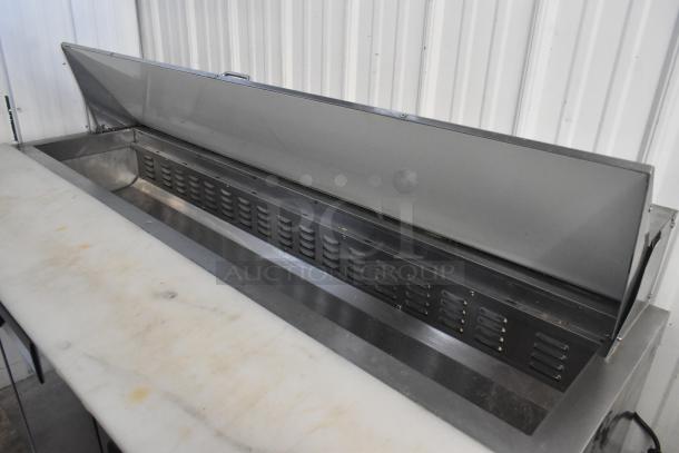 Avantco 178APT71HC sandwich prep table with mega top, open lid view, shows stainless steel interior, on commercial casters.