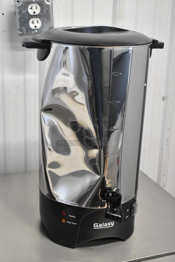 Brand new Galaxy 177GCU100 100 Cup stainless steel coffee urn with visible dent. Single wall, 120V, 1-phase.
