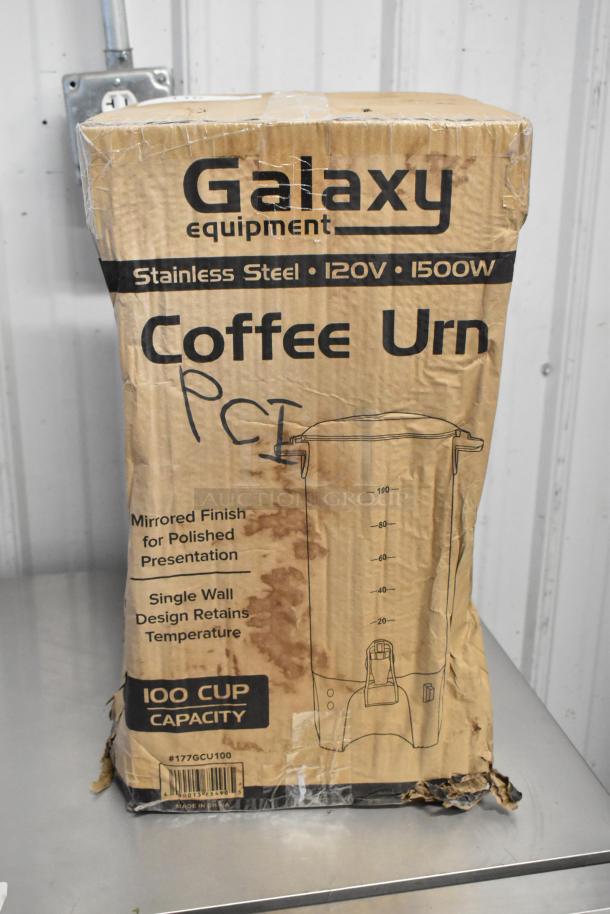 Galaxy 177GCU100 100 Cup Coffee Urn, new scratch and dent condition, 120V, stainless steel, single wall design.