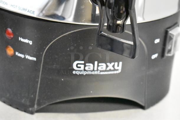 Brand new Galaxy 177GCU100 100 Cup stainless steel coffee urn, single wall, 120V, controls visible, with minor dents.
