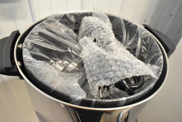 Brand new Galaxy 177GCU100 coffee urn, 100 cup capacity, stainless steel, single wall, 120 volts, wrapped in packaging.