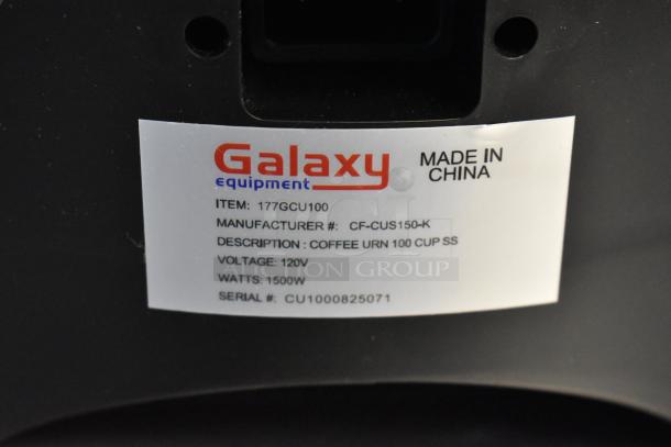 BRAND NEW Galaxy 177GCU100 100 Cup Stainless Steel Coffee Urn, 120V, 1 Phase, 1500W, Serial CU1000825071.
