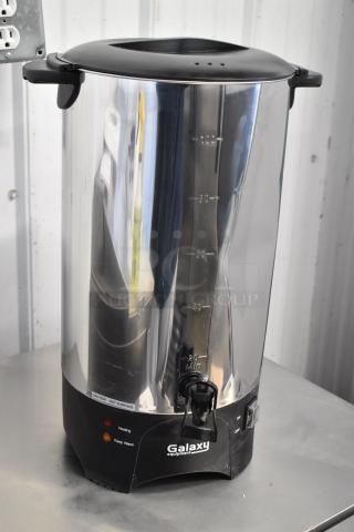 Brand new Galaxy 177GCU100 100 cup stainless steel coffee urn, 120V, single wall, scratch and dent condition, labeled.