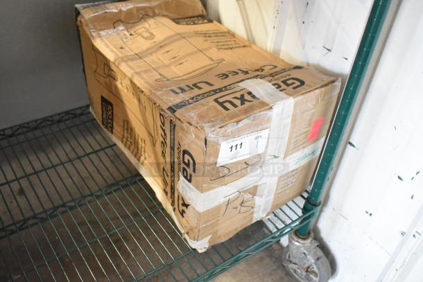 Brand new Galaxy 177GCU100 100 Cup Coffee Urn in damaged retail box, 510 oz. capacity, 120V, single wall stainless steel.