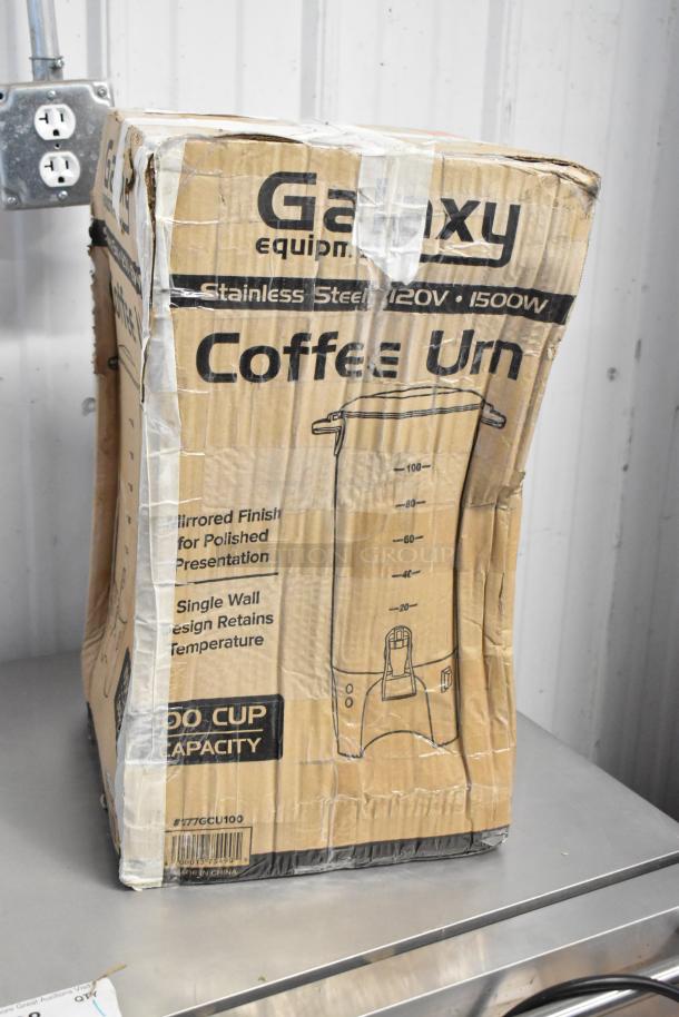 Brand new Galaxy 177GCU100 100 Cup Coffee Urn, stainless steel, 120V, single wall, in original damaged packaging.