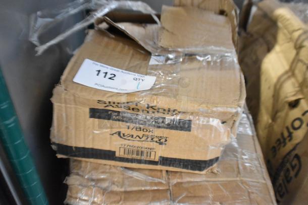 Damaged box of brand new Avantco 177MX20SKNIF slicer knife assembly for MX20 series; labeled with auction tag "112".
