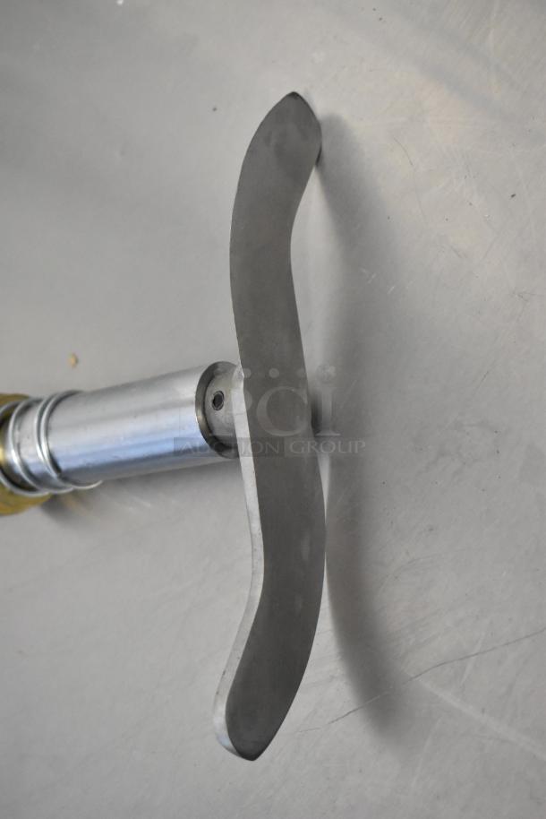 Brand new Avantco 177MX20SKNIF slicer knife assembly for MX20 series, minor scratches, stainless steel, secure shaft attachment.