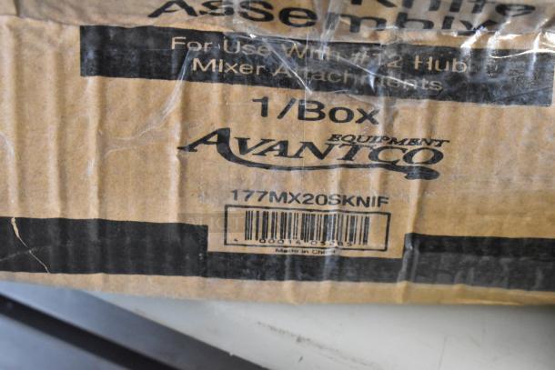 "Brand new Avantco 177MX20SKNIF slicer knife assembly, scratch and dent condition, for MX20 series slicer, barcode visible."
