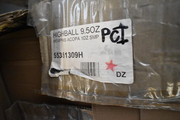 Box of Acopa Memphis 9.5 oz Highball Glasses, model 55351309H, brand new with scratch and dent. Label indicates quantity and model number.