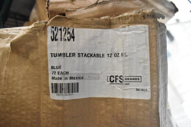 Box of Carlisle 521254 blue 12 oz. stackable SAN plastic tumblers, 72 per box, scratch and dent condition, made in Mexico.
