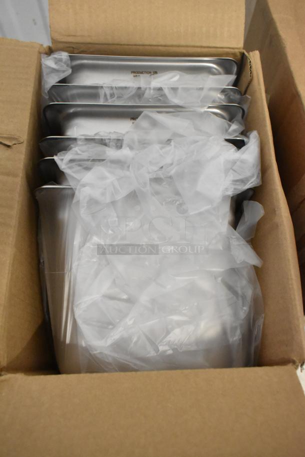 Brand new 20669 1/6 size steamtable pans in a box, wrapped in plastic. Perfect condition, scratch and dent items.