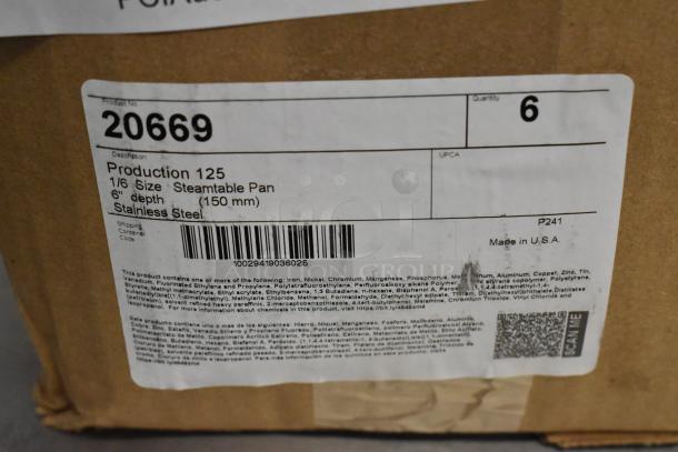 Cardboard box label showing item 20669, a 1/6 size steamtable pan, 6" depth, stainless steel, made in USA.