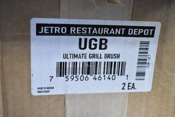 Jetro Restaurant Depot Ultimate Grill Brush label, model UGB, made in Mexico, with barcode and quantity marked as 2 EA.