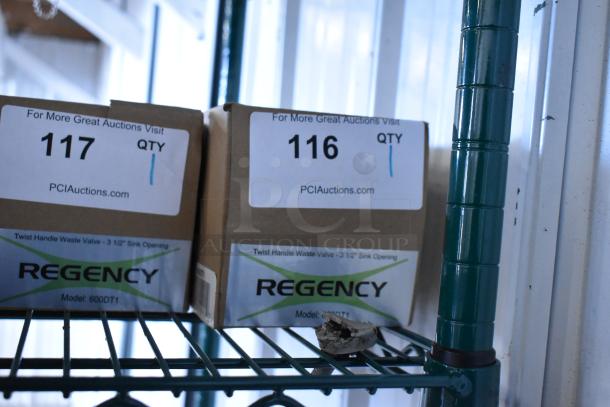 Brand new Regency 600DT1 Twist Handle Waste Valve, 3 1/2" sink opening, in original packaging with auction labels.