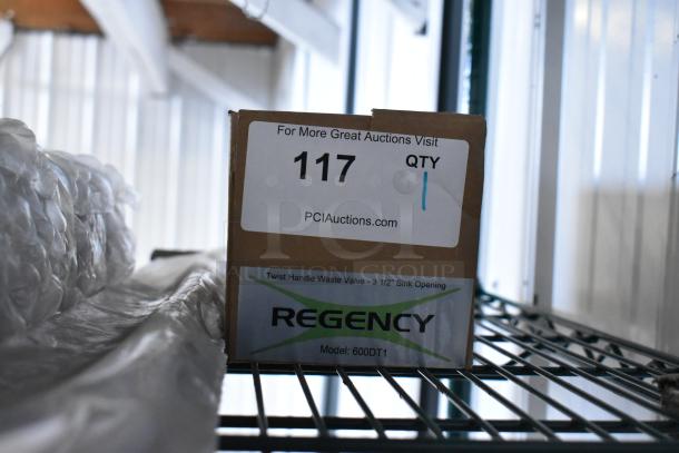 Box containing Regency 600DT1 twist handle waste valve, brand new with scratch and dent, for 3 1/2" sink opening.