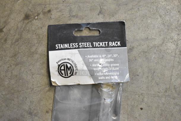American Metalcraft stainless steel ticket rack packaging, available in multiple lengths, new condition.