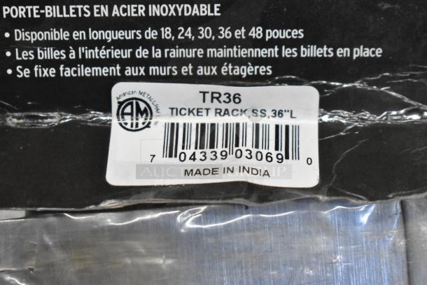TR36 Ticket Rack, stainless steel, 36" length, new condition with label indicating Made in India by American Metalcraft.