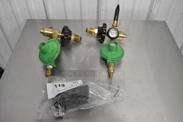 Three new scratch and dent items including a handle and two connectors; labeled as quantity 119 in packaging.