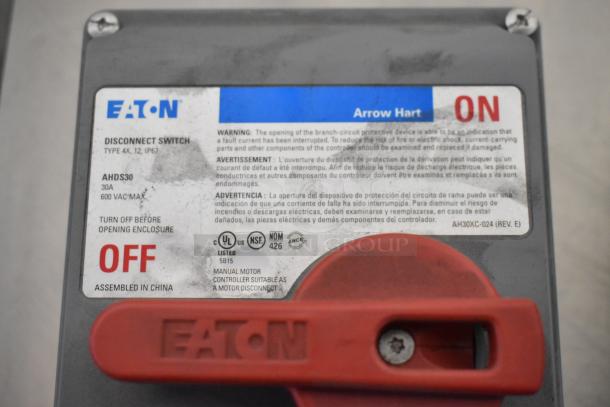 Eaton control box with red handle, labeled "ON/OFF." Type 4X, 12, IP67, 30A, 600 VAC max. Assembled in China.