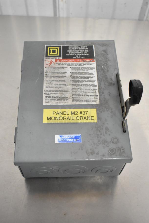 Square D control box for sale, features safety switch, labeled for monorail crane, service disconnect; used condition.